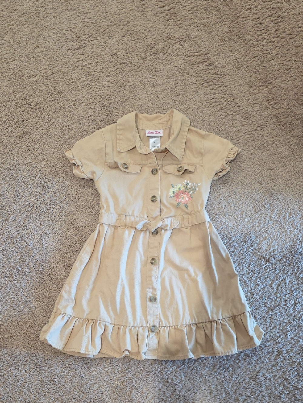 Tan Floral-Embroidered Button-Front Dress
